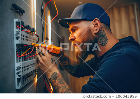 Professional Electrician Wiring a Bright Modern House Professional Electrician Wiring a Bright Modern House 106043959