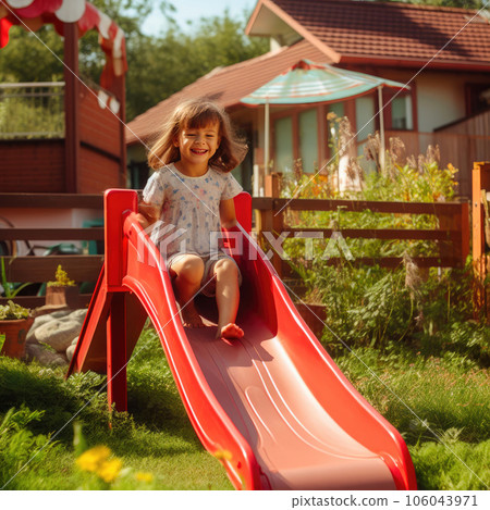 Playful 4-Year-Old Enjoying the Red Slide in a Beautiful Family Garden 106043971