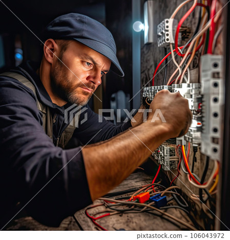 Efficient Electrician Installing House Wiring Efficient Electrician Installing House Wiring 106043972