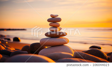Stack of pebbles stones on the beach in the sunrise morning Stack of pebbles stones on the beach in the sunrise morning 106044023