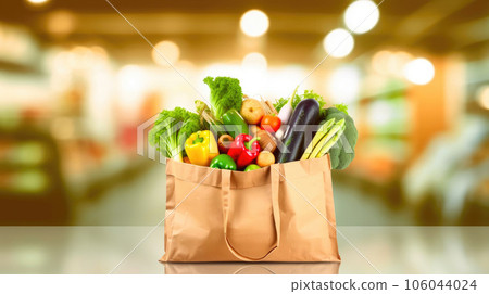 Eco friendly reusable shopping bag filled with vegetables on a blur background Eco friendly reusable shopping bag filled with vegetables on a blur background 106044024