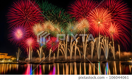 許多色彩繽紛的煙花和反射水面人工智能生成的圖像 許多色彩繽紛的煙花和反射水面人工智能生成的圖像 106044061