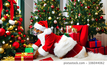 聖誕樹、禮物和一隻穿著聖誕老人衣服的狗，看起來很開心 AI 生成的圖像 106044062
