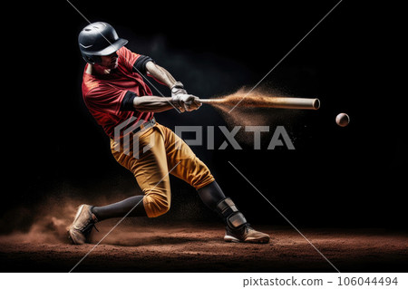 Baseball player making the motion of hitting the ball on dark background Baseball player making the motion of hitting the ball on dark background 106044494