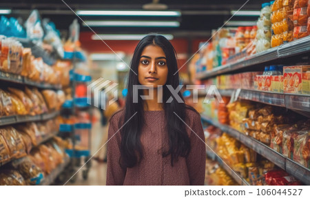 Young Indian Woman Shopping for Groceries in Urban Supermarket Young Indian Woman Shopping for Groceries in Urban Supermarket 106044527