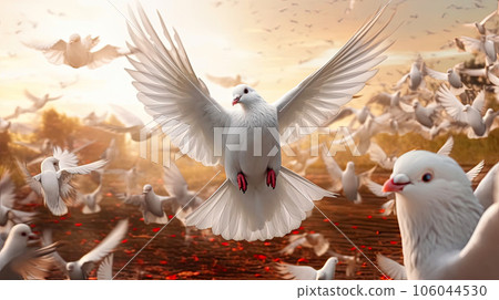 Elegant White Pigeons Soaring in the Sky 106044530
