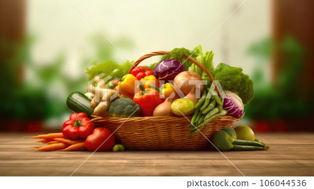 Wicker Basket Overflowing with Vegetables 106044536