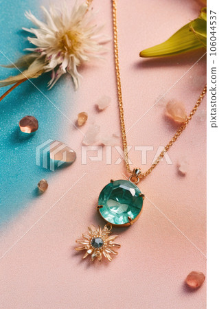 Gleaming Gemstone Necklace on Neutral Background 106044537