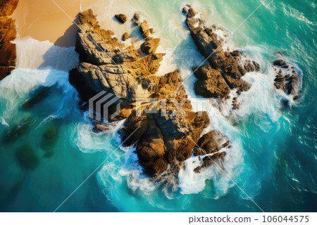 Coastal Serenity: Waves Caressing Beach Rock Formation 106044575