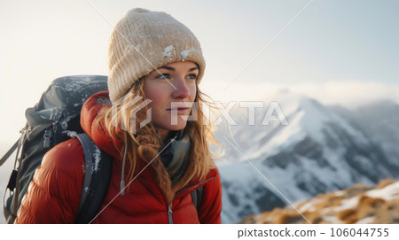 Teen Trekkers in the Glow: Sunset Adventure on Snowy Peaks Teen Trekkers in the Glow: Sunset Adventure on Snowy Peaks 106044755