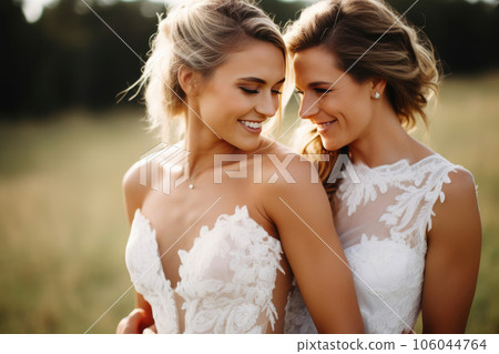 Two Brides Embrace at Their Wedding 106044764