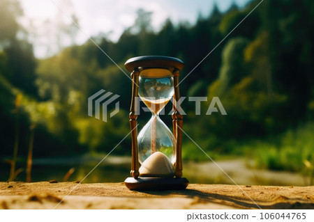 Huge hourglass standing next to beautiful nature 106044765