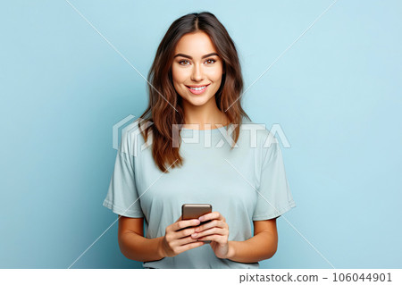 Radiant Smile: Young Woman in Light Blue Tee Radiant Smile: Young Woman in Light Blue Tee 106044901