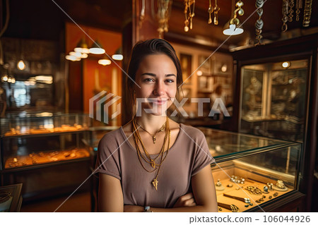Elegant Owner Modeling Jewelry in Luxurious Store 106044926