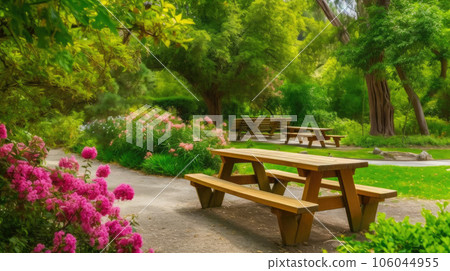 Picnic Table in a Flower-Filled Park 106044955