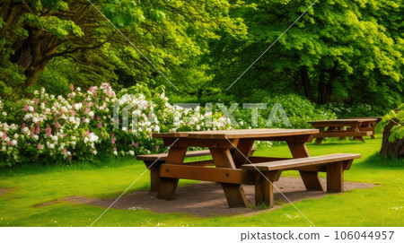 Wooden Picnic Table Surrounded by Greenery Wooden Picnic Table Surrounded by Greenery 106044957