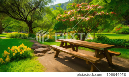 Picnic Table among Vibrant Flowers and Greenery Picnic Table among Vibrant Flowers and Greenery 106044958