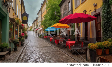 Umbrella-covered Tables in a Picturesque Cafe Umbrella-covered Tables in a Picturesque Cafe 106045005