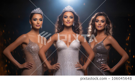 Three Beauty Queens in Evening Gowns and Crown 106045648
