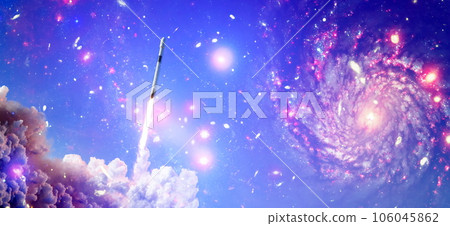 rockets launch into space on the starry sky. spacecraft flies into space with clouds of smoke. Elements of this image furnished by NASA rockets launch into space on the starry sky. spacecraft flies into space with clouds of smoke. Elements of this image furnished by NASA 106045862