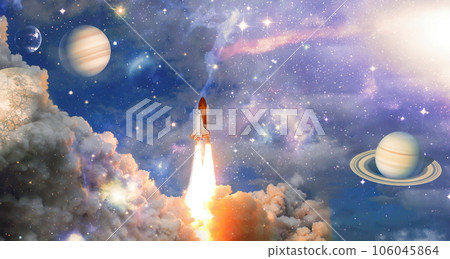 rockets launch into space on the starry sky. spacecraft flies into space with clouds of smoke. Elements of this image furnished by NASA rockets launch into space on the starry sky. spacecraft flies into space with clouds of smoke. Elements of this image furnished by NASA 106045864
