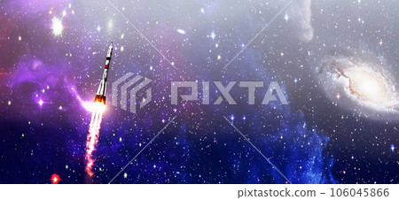 Shuttle launch in the clouds to outer space. Dark space with stars on background.Spaceship flight. Elements of this image furnished by NASA 106045866