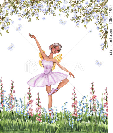 Composition with cartoon fairy with magic wings, flowers and butterflies. Watercolor hand drawn illustration . Perfect for greeting card, poster, wedding invitation, party decor. Composition with cartoon fairy with magic wings, flowers and butterflies. Watercolor hand drawn illustration . Perfect for greeting card, poster, wedding invitation, party decor. 106045995