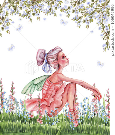 Composition with cartoon fairy with magic wings, flowers and butterflies. Watercolor hand drawn illustration . Perfect for greeting card, poster, wedding invitation, party decor. Composition with cartoon fairy with magic wings, flowers and butterflies. Watercolor hand drawn illustration . Perfect for greeting card, poster, wedding invitation, party decor. 106045996