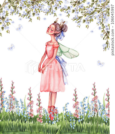 Composition with cartoon fairy with magic wings, flowers and butterflies. Watercolor hand drawn illustration . Perfect for greeting card, poster, wedding invitation, party decor. 106045997
