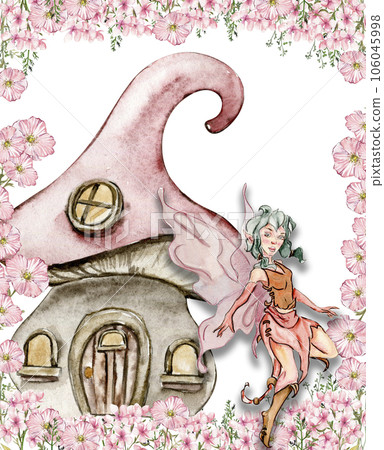 Composition with cartoon fairy with magic wings, flowers and butterflies. Watercolor hand drawn illustration . Perfect for greeting card, poster, wedding invitation, party decor. 106045998