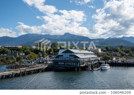 View of Port Angeles, Washington and Olympic Mountains from harbor. View of Port Angeles, Washington and Olympic Mountains from harbor. 106046209