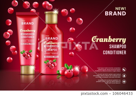 Cranberry cosmetic. Shampoo and conditioner ad banner. 3d fruit extract in 3D red bottle. Natural juice spa. Berries and plants leaves. Hair beauty products poster. Vector design background 106046433