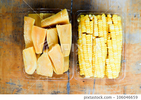 steamed corn and steamed yellow sweet potato steamed corn and steamed yellow sweet potato 106046659