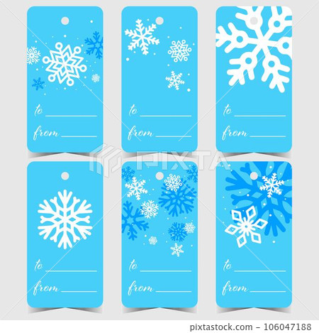 Christmas tags or labels for presents with white and blue snowflakes. Vector design of Christmas stickers, tickets and marks with a hole to tie or hang it on the gift boxes during winter holidays. Christmas tags or labels for presents with white and blue snowflakes. Vector design of Christmas stickers, tickets and marks with a hole to tie or hang it on the gift boxes during winter holidays. 106047188