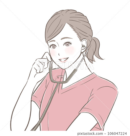 一位年輕漂亮的穿著磨砂膏的護士，用聽診器檢查 106047224