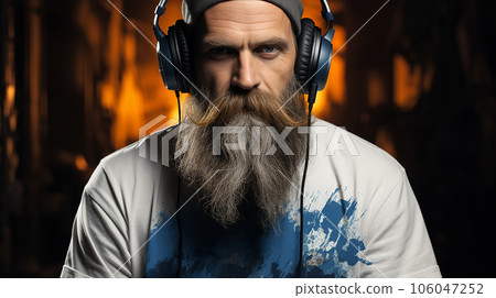 A portrait of a man with a beard and modern headphones A portrait of a man with a beard and modern headphones 106047252