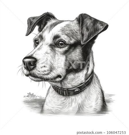Jack Russell Terrier, engaving style, close-up portrait, black and white drawing, cute dog 106047253