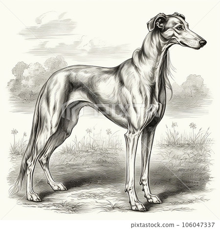 Greyhound, engaving style, close-up portrait, black and white drawing, hunting dog Greyhound, engaving style, close-up portrait, black and white drawing, hunting dog 106047337
