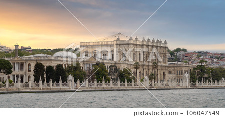View from Bosporus strait of Dolmabahce Palace, located in Besiktas district, Istanbul, Turkey, on the European coast 106047549