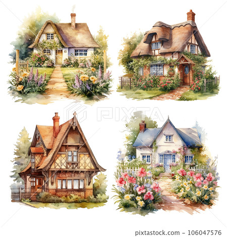 Watercolor rural cottage house among green trees with wooden fence hand painted illustration. Summer village cozy home composition. Cartoon countryside design elements isolated on white background. 106047576
