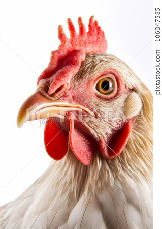 Close up of chicken's head with red comb and orange eyes. Generative AI Close up of chicken's head with red comb and orange eyes. Generative AI 106047585