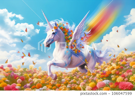 Image of unicorn with rainbow mane running through field of flowers. Generative AI 106047599