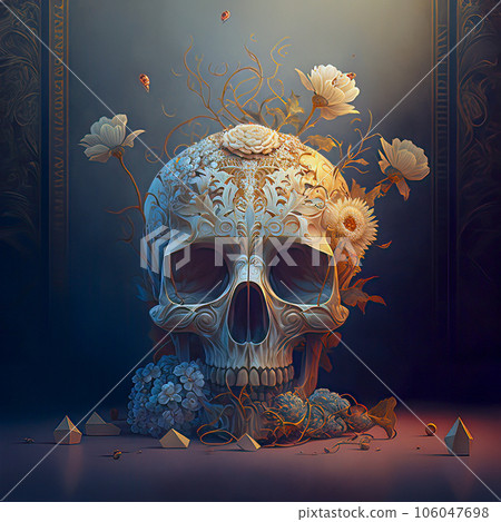 Elegance in Decay: Gothic Baroque Skull Adorned with Intricate Floral Details Elegance in Decay: Gothic Baroque Skull Adorned with Intricate Floral Details 106047698