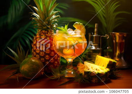Pineapple drink in glass surrounded by pineapples and other fruit. Generative AI 106047705