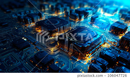 Close up of computer circuit board with lot of lights on it. Generative AI 106047726