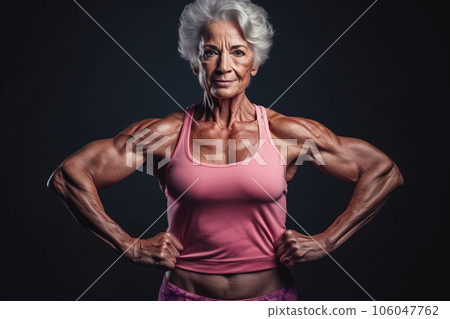 Older woman posing for picture with her hands on her hips and looking at the camera. Generative AI Older woman posing for picture with her hands on her hips and looking at the camera. Generative AI 106047762