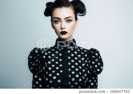 Woman with black and white polka dot shirt and bun with black lipstick. Generative AI Woman with black and white polka dot shirt and bun with black lipstick. Generative AI 106047763