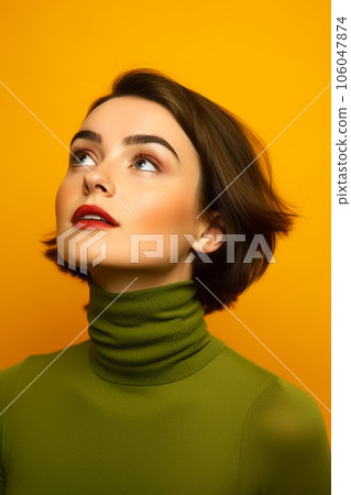 Woman in green turtle neck top looking up with her eyes closed. Generative AI 106047874