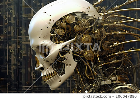 White human skull with lots of gears in it's back end. Generative AI 106047886