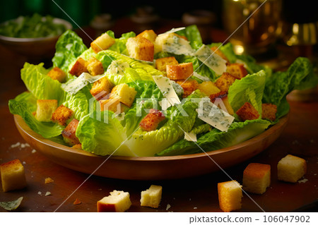 Plate of lettuce with croutons and parmesan cheese. Generative AI 106047902